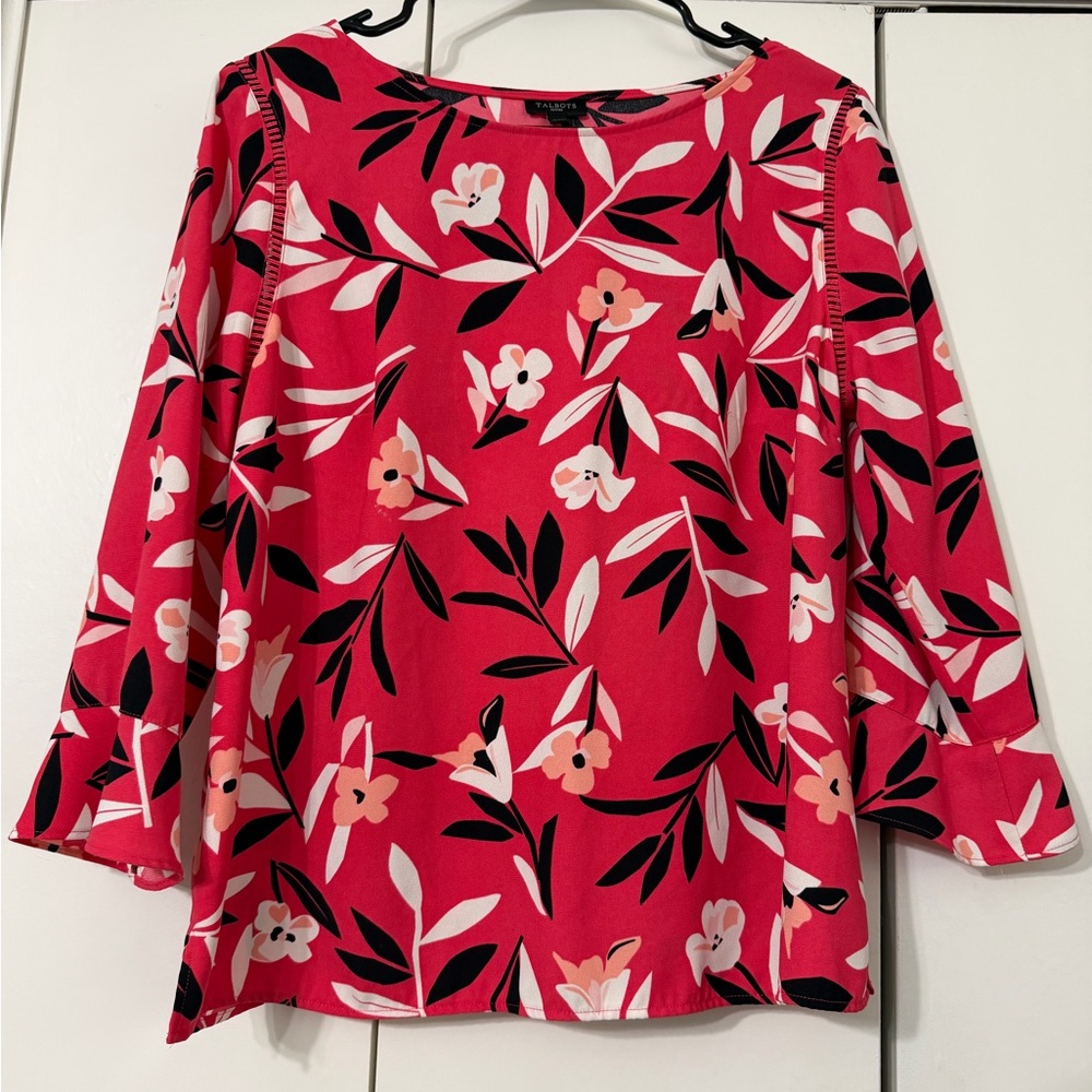 Talbots Petites Pink and Black Floral Blouse